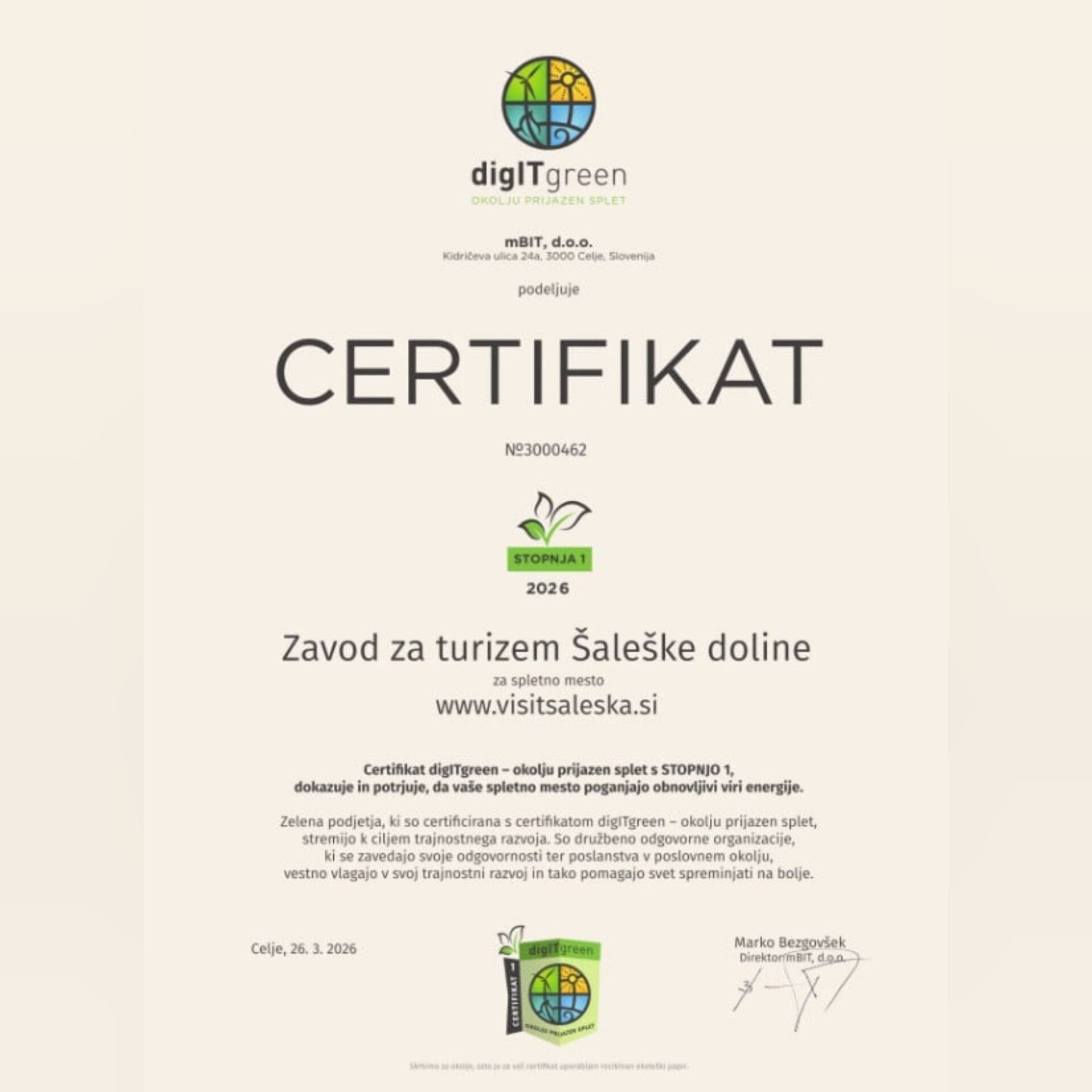 Zavod za turizem Šaleške doline pridobil certifikat digITgreen